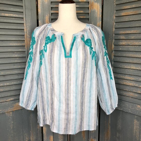 J. Jill Love Linen Embroidered Striped Top Sz SP - Picture 1 of 12